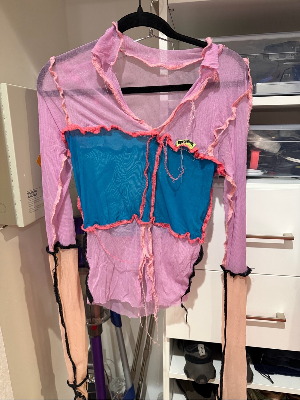 Myae Sheer Pink Mesh Top with Teal Panel and Contrast Trim
